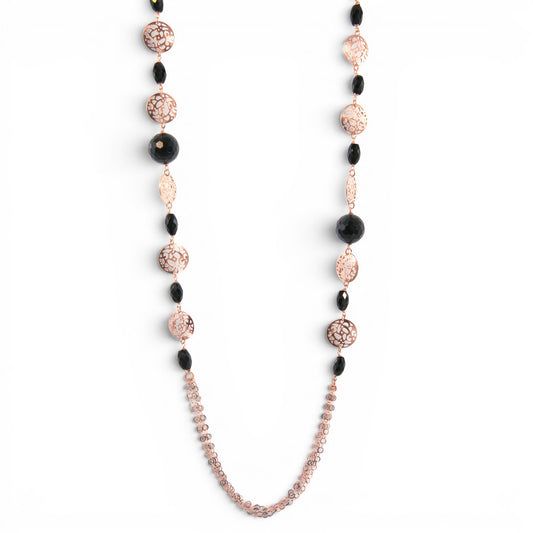Trebor Style long rose gold plated necklace featuring black onyx beads and intricate openwork filigree metal accents.