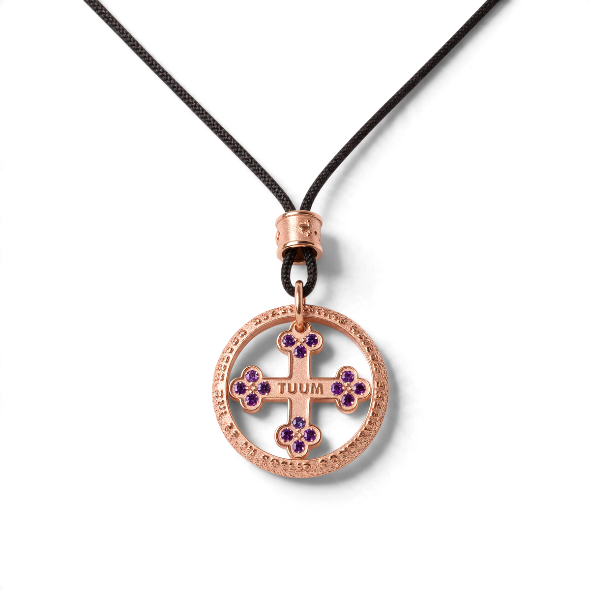 Trebor Style TUUM rose gold pendant necklace featuring a cross motif with blue sapphires on an adjustable black cord
