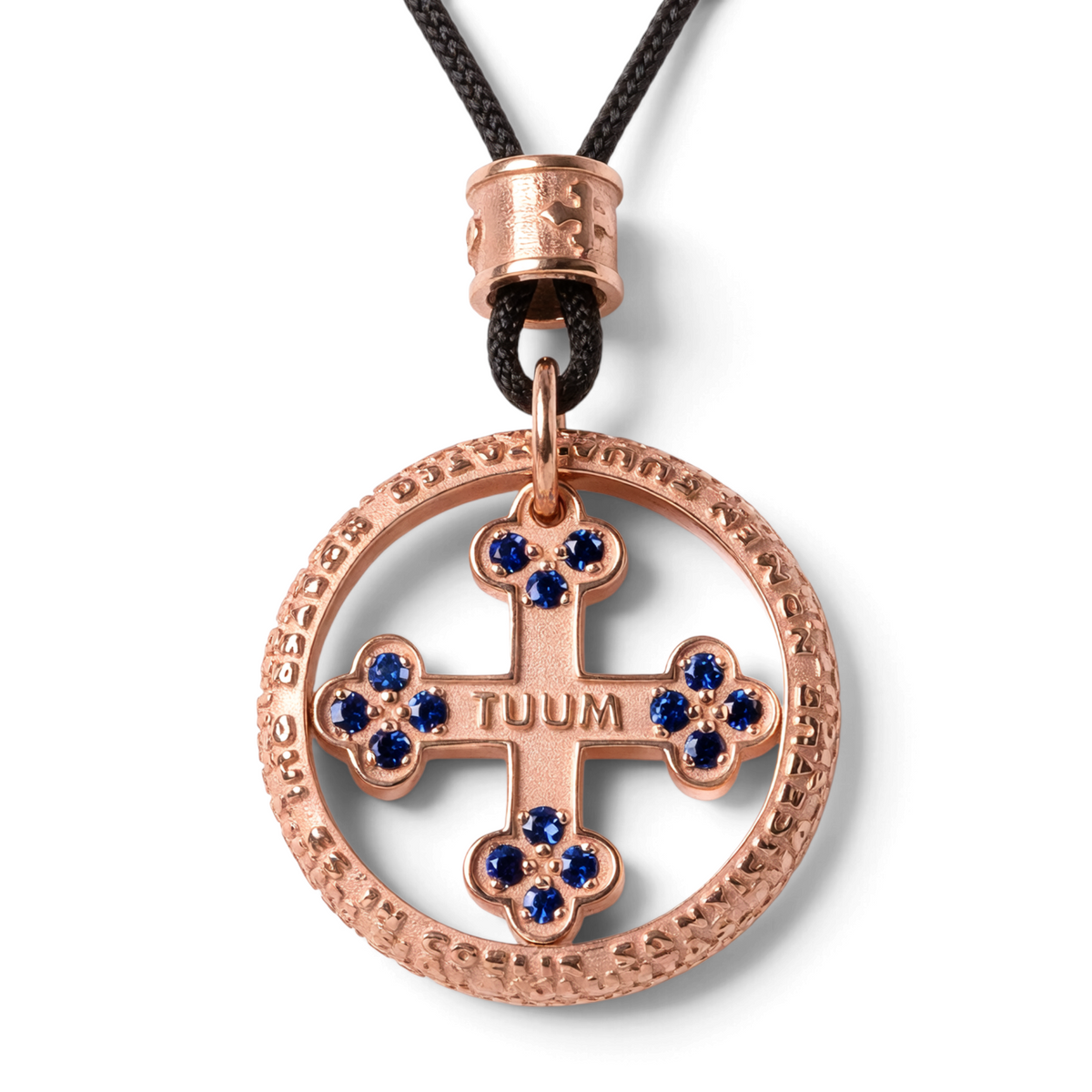 Trebor Style TUUM Flore Lux rose gold pendant necklace featuring a cross motif with blue sapphires on a black cord.