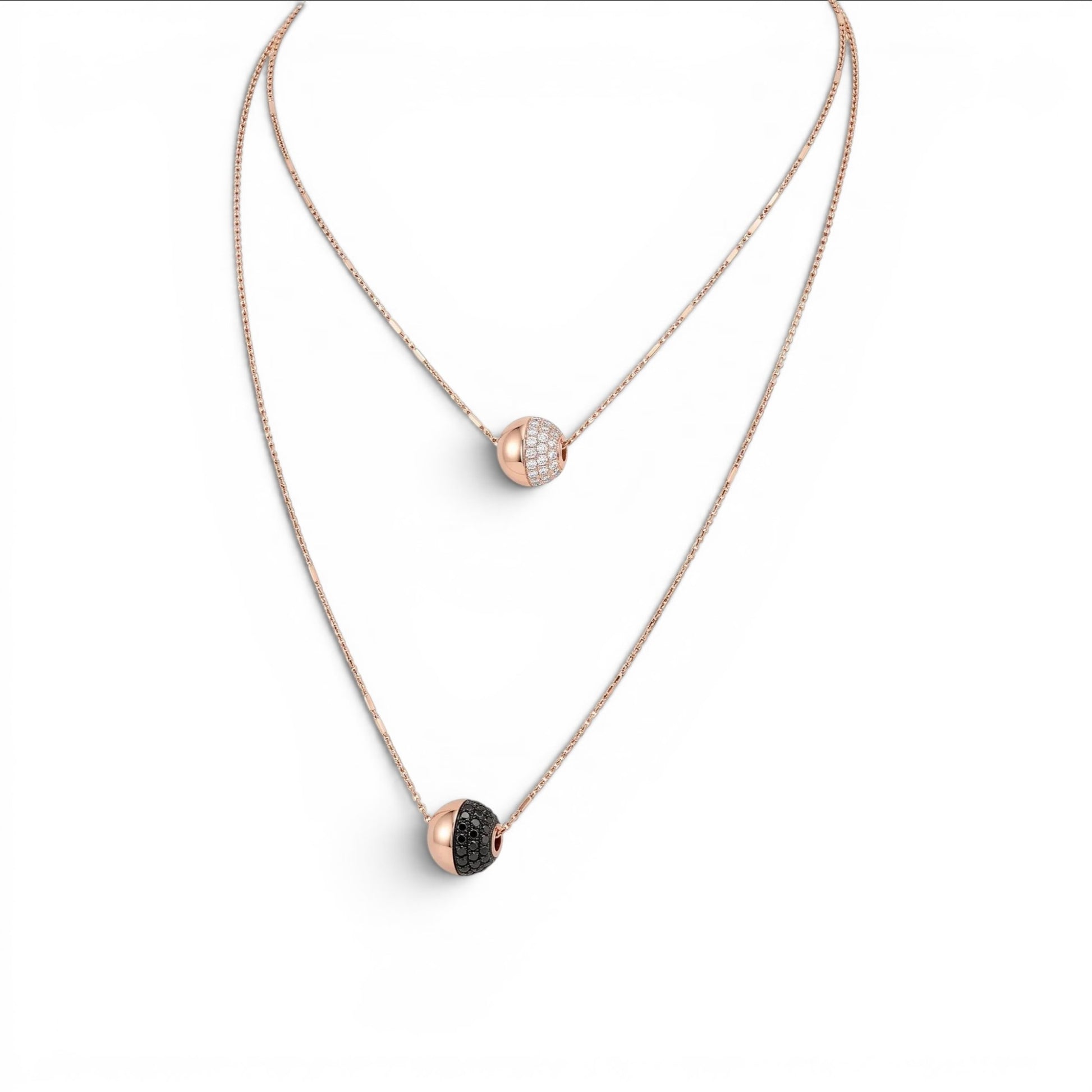 Trebor Style rose gold plated double-strand necklace with white and black spineli gemstone sphere pendants on a delicate chain, handmade in Italy by Bronzallure