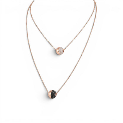 Trebor Style rose gold plated double-strand necklace with white and black spineli gemstone sphere pendants on a delicate chain, handmade in Italy by Bronzallure