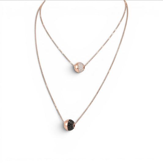 Trebor Style rose gold plated double-strand necklace with white and black spineli gemstone sphere pendants on a delicate chain, handmade in Italy by Bronzallure