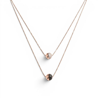 Trebor Style rose gold plated double-strand necklace with white and black spineli gemstone sphere pendants on a delicate chain, handmade in Italy by Bronzallure