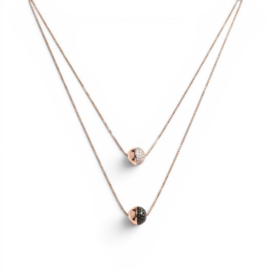 Trebor Style rose gold plated double-strand necklace with white and black spineli gemstone sphere pendants on a delicate chain, handmade in Italy by Bronzallure
