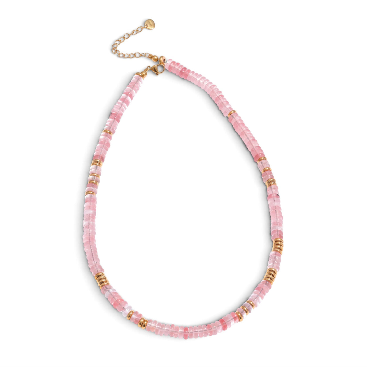 Trebor Style rose quartz heishi bead necklace with gold-plated accents and adjustable chain clasp.