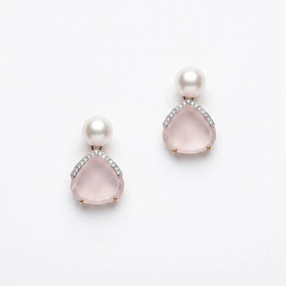 Trebor Style drop earrings featuring teardrop rose quartz, white pearls, and pavé-set diamonds on a white background, handmade in Italy, by JJewels by Leaderline