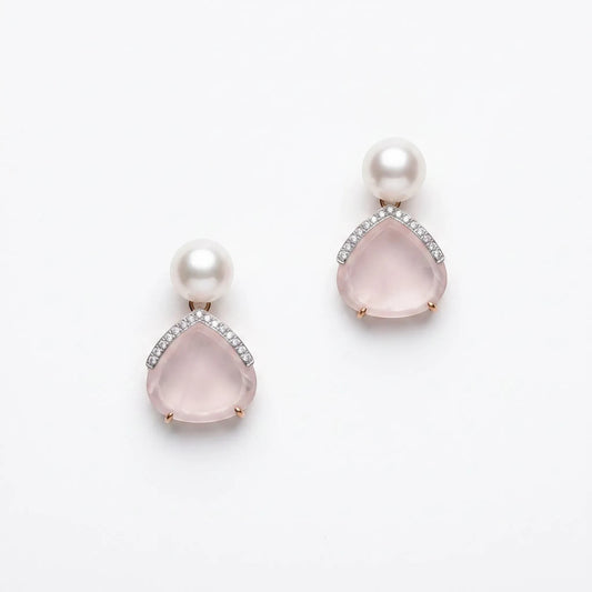 Trebor Style drop earrings featuring teardrop rose quartz, white pearls, and pavé-set diamonds on a white background, handmade in Italy, by JJewels by Leaderline