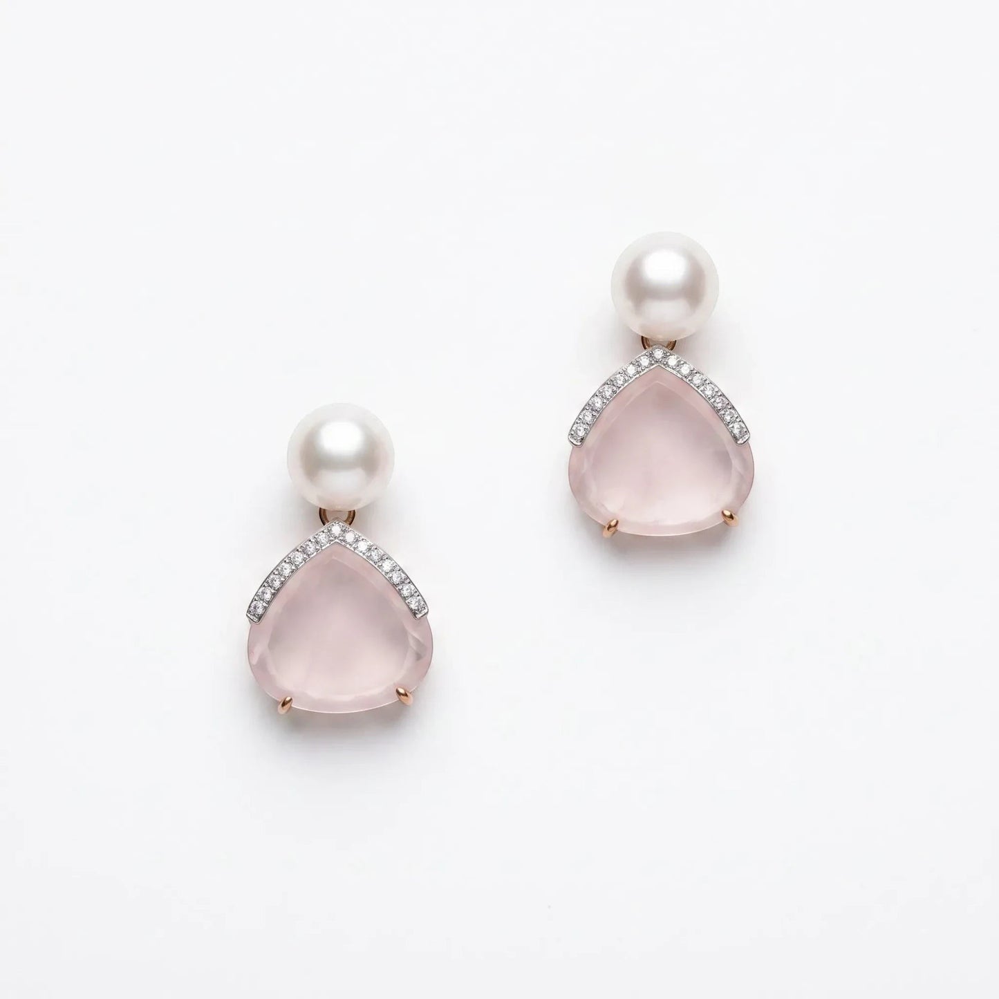 Trebor Style drop earrings featuring teardrop rose quartz, white pearls, and pavé-set diamonds on a white background, handmade in Italy, by JJewels by Leaderline
