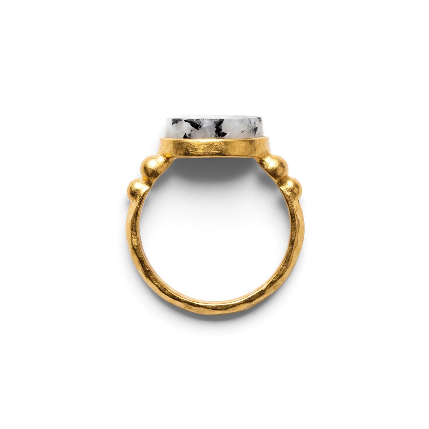 Trebor Style 16mm round moonstone ring with a chunky gold filled band and textured bead detailing