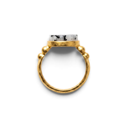 Trebor Style 16mm round moonstone ring with a chunky gold filled band and textured bead detailing