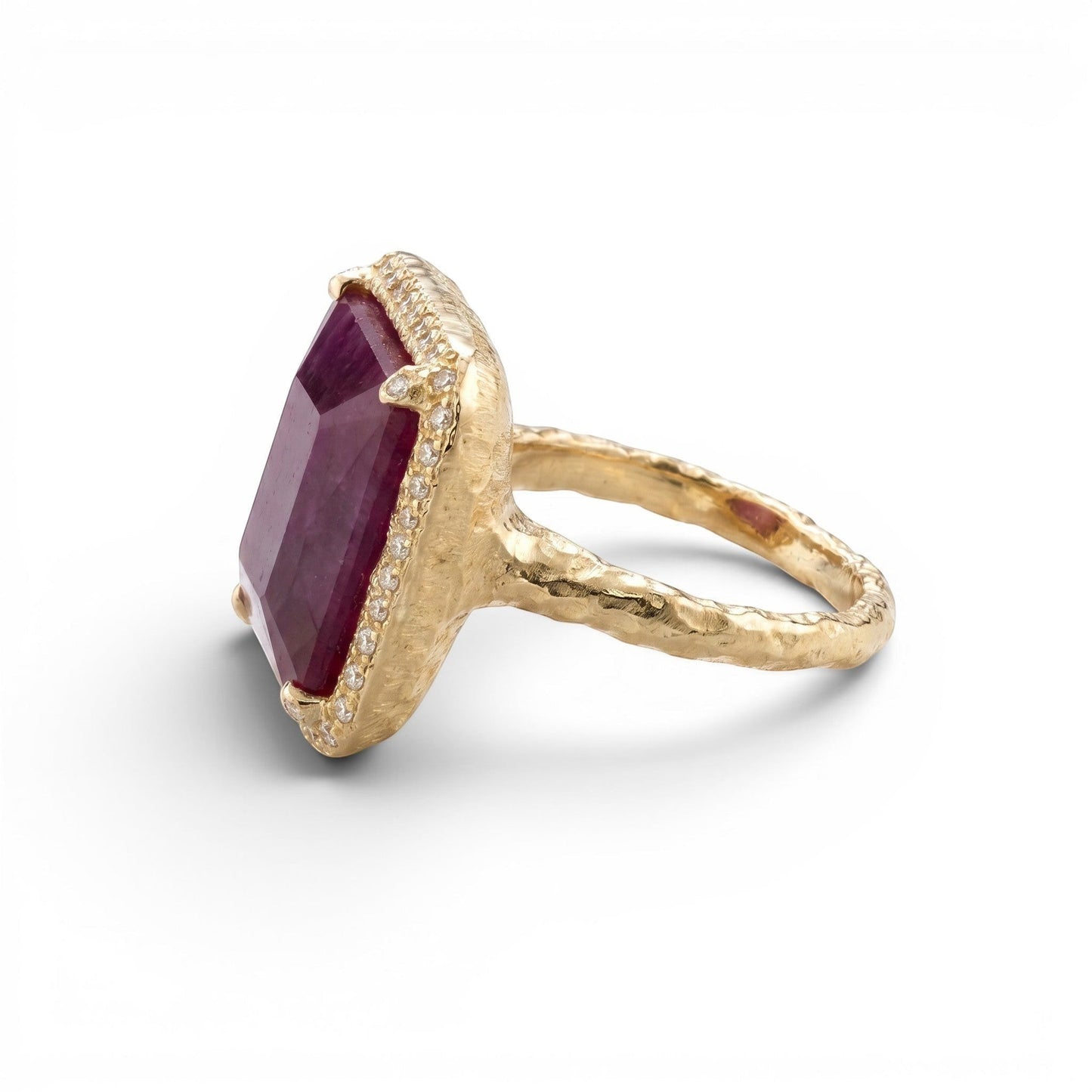 Trebor Style 14k gold cocktail ring featuring a large emerald-cut African ruby with a pavé diamond halo.