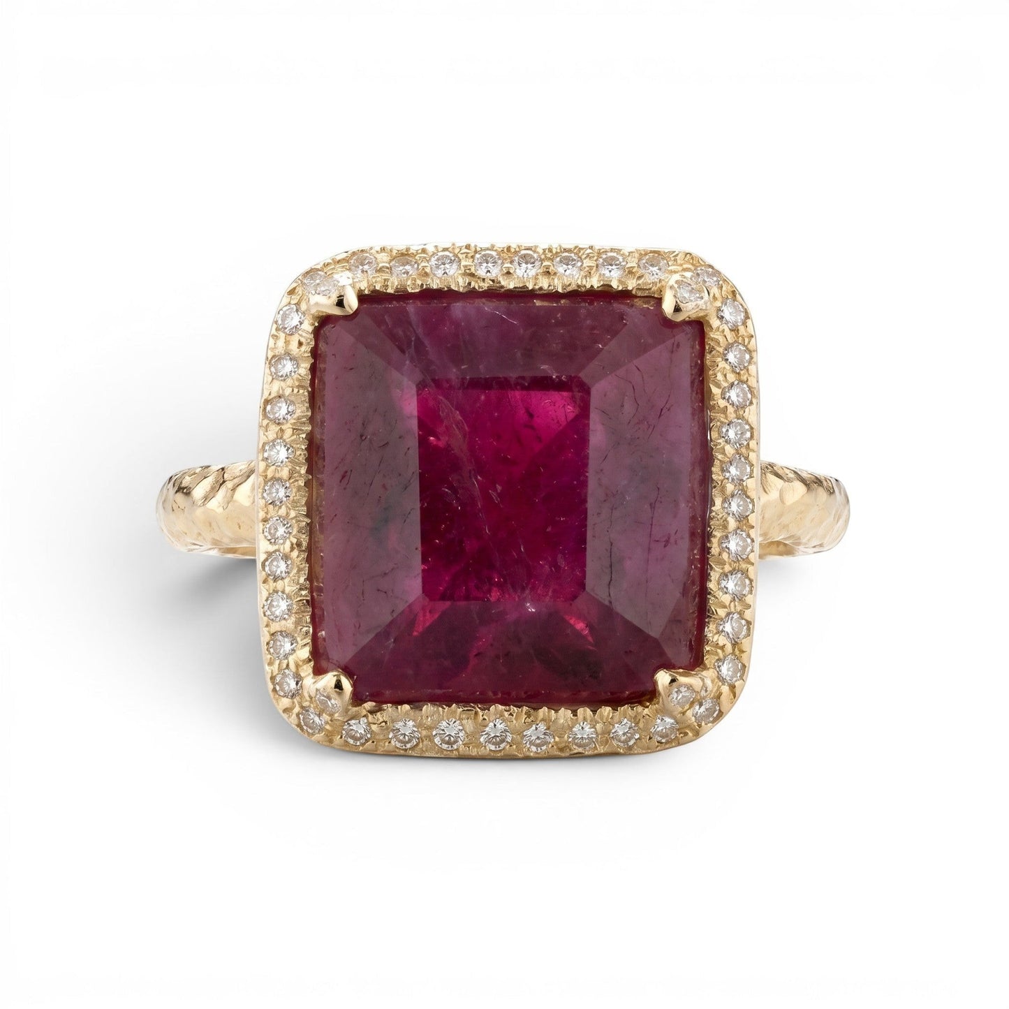 Trebor Style emerald-cut African ruby cocktail ring with a diamond pavé halo set in 14k gold.