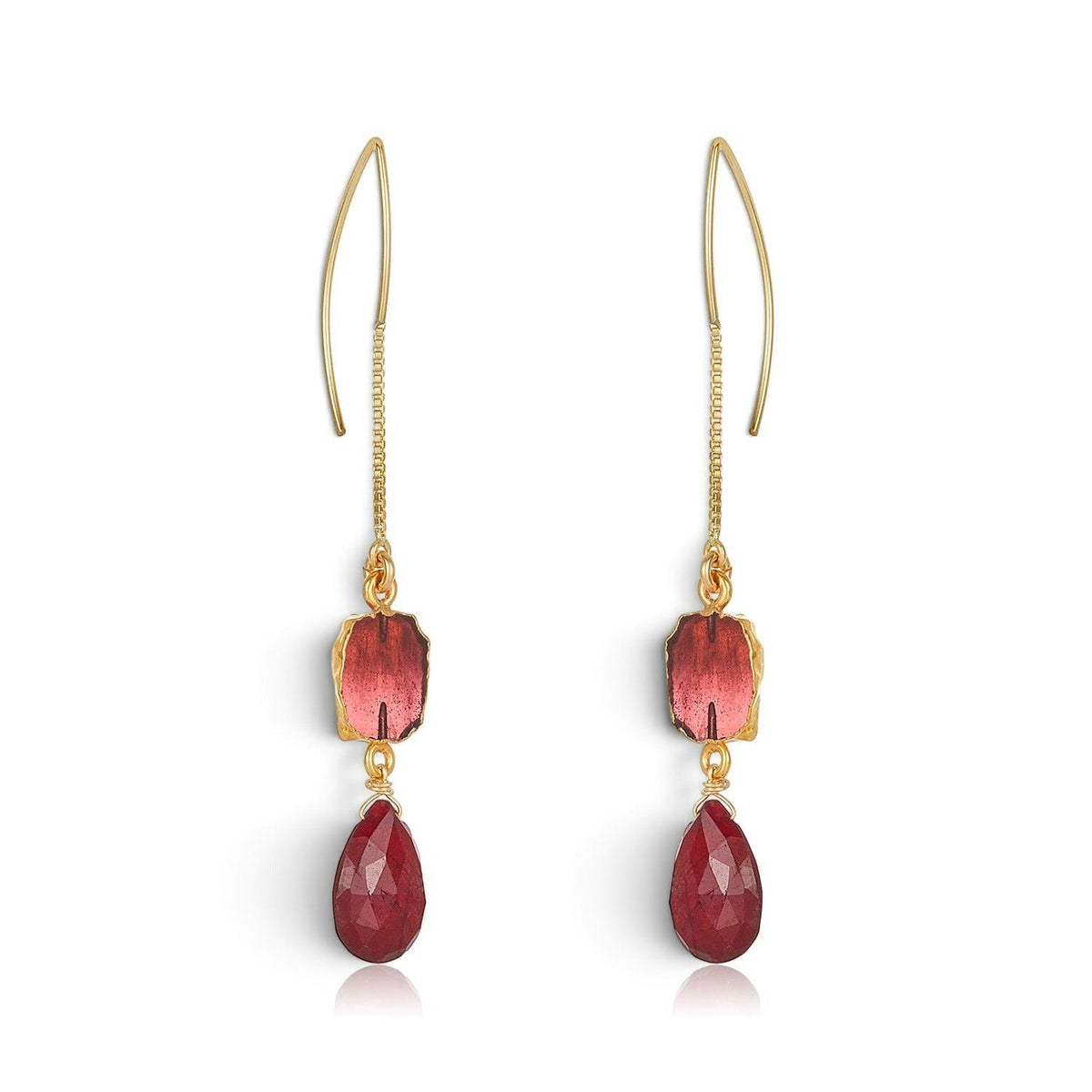 Trebor Style Longevity chandelier earrings featuring raw ruby slabs and teardrop garnet drops on 14k gold-filled chains.