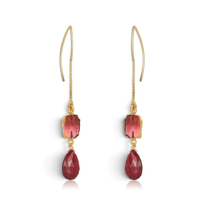 Trebor Style Longevity chandelier earrings featuring raw ruby slabs and teardrop garnet drops on 14k gold-filled chains.