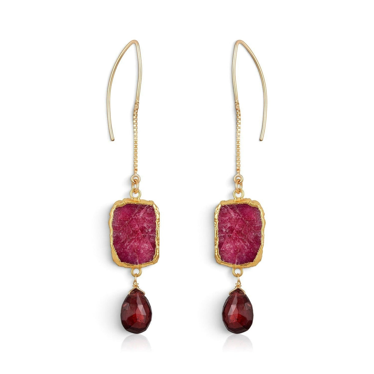 Trebor Style Longevity chandelier earrings featuring raw ruby slabs and garnet teardrop drops on 14k gold-filled chains.