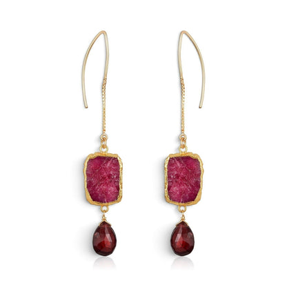 Trebor Style Longevity chandelier earrings featuring raw ruby slabs and garnet teardrop drops on 14k gold-filled chains.