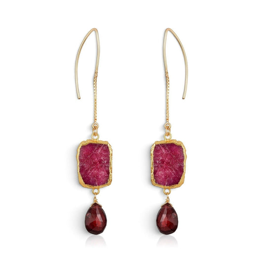 Trebor Style Longevity chandelier earrings featuring raw ruby slabs and garnet teardrop drops on 14k gold-filled chains.
