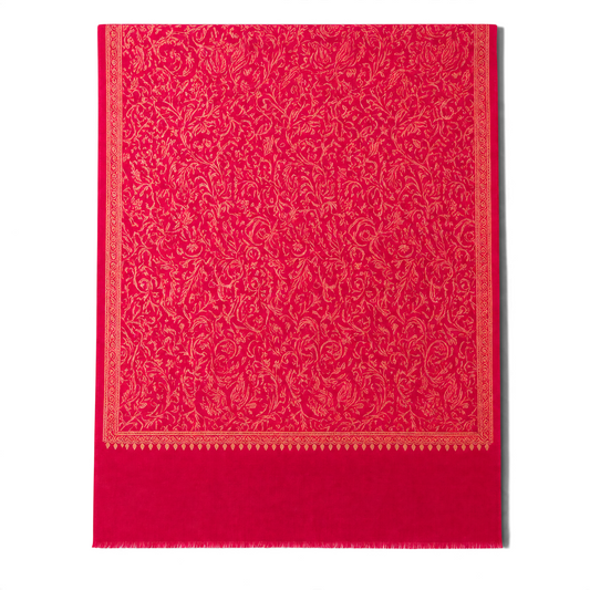 Trebor Style ruby wool shawl with intricate pink and gold paisley embroidery and a soft fringed edge