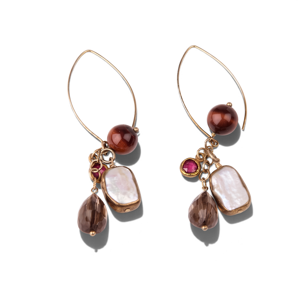 Trebor Style chandelier earrings featuring ruby, white keshi pearl, smokey quartz, and red tiger-eye on gold hooks.