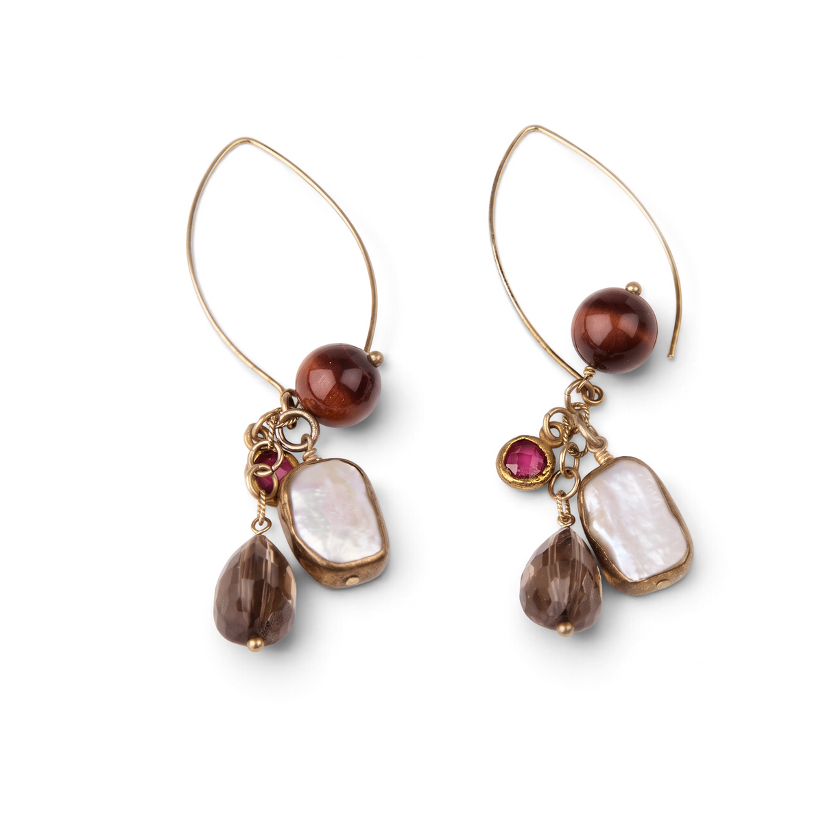 Trebor Style chandelier earrings featuring ruby, white keshi pearl, smokey quartz, and tiger-eye on gold-filled hooks.