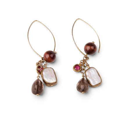 Trebor Style chandelier earrings featuring ruby, white keshi pearl, smokey quartz, and tiger-eye on gold-filled hooks.