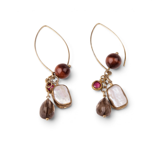 Trebor Style chandelier earrings featuring ruby, white keshi pearl, smokey quartz, and tiger-eye on gold-filled hooks.