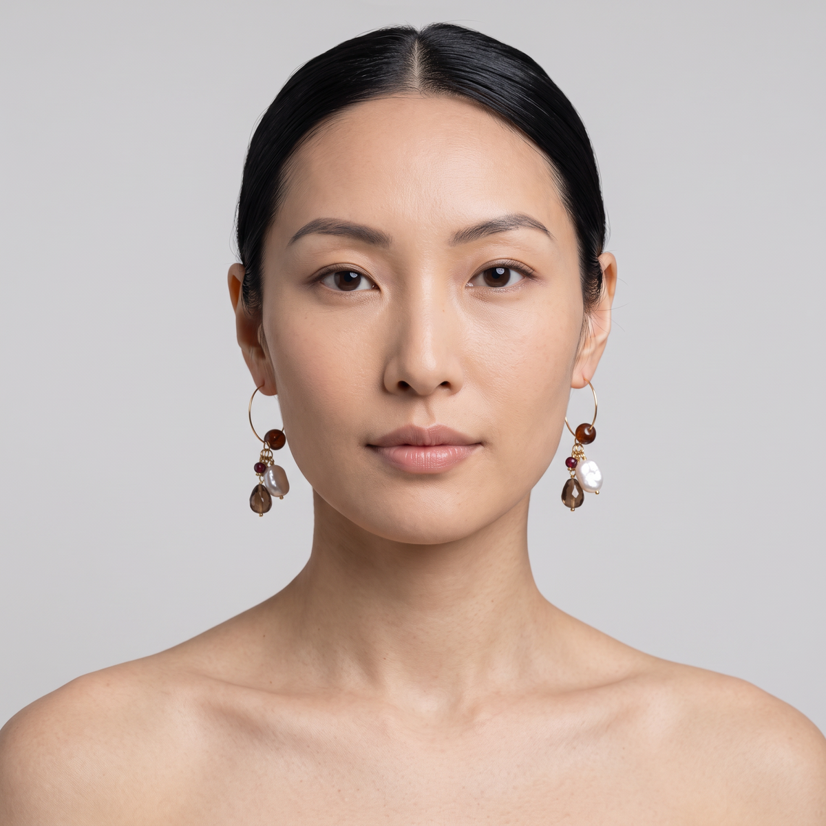 Trebor Style chandelier earrings featuring ruby, pearl, smokey quartz, and tiger-eye beads on gold-filled hooks