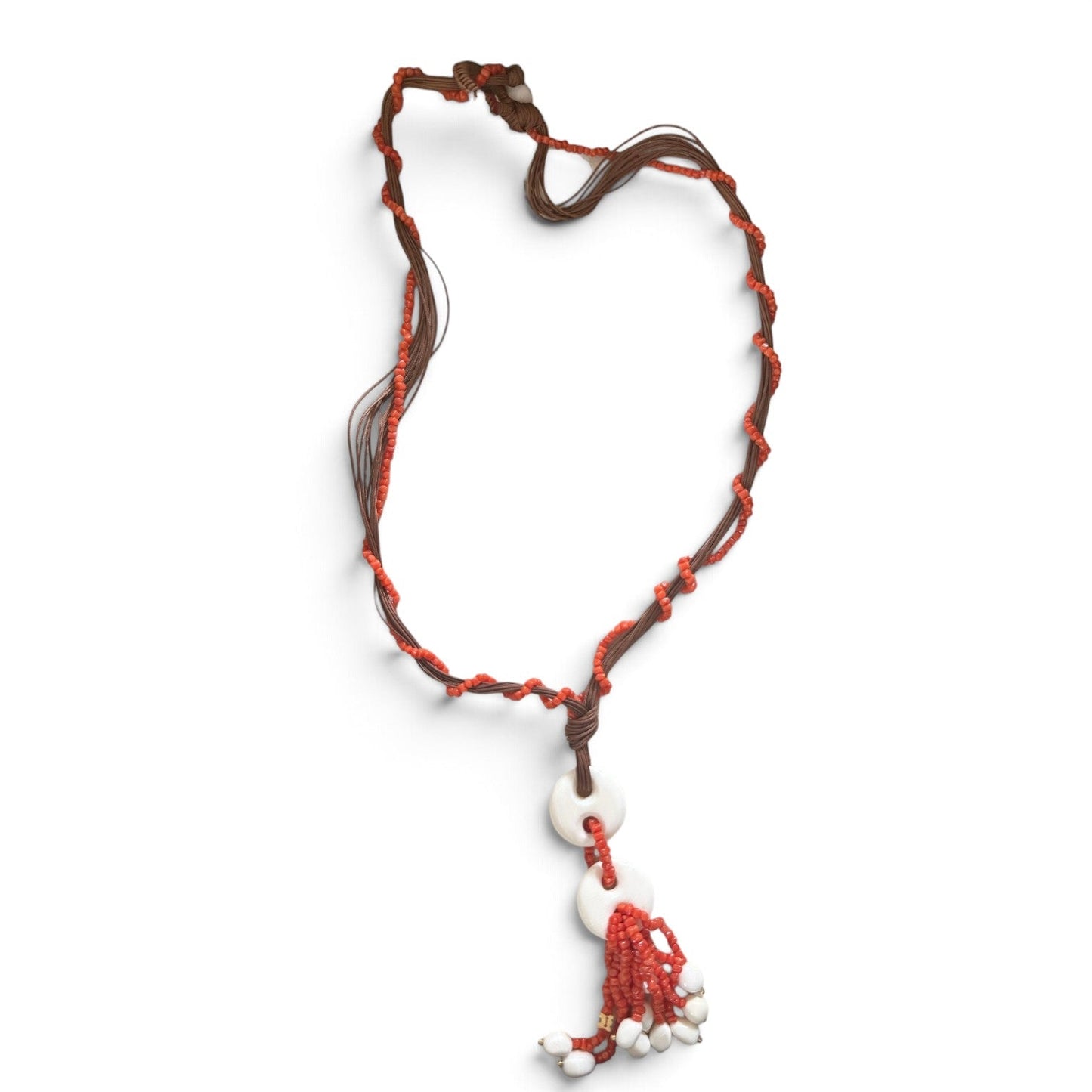 Trebor Style Rajola long cord necklace featuring Sciacca coral beads and white coral pendant tassel in a display box.