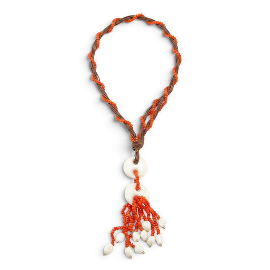 Trebor Style long cord necklace featuring Sciacca coral tassel beads and white coral accents on a brown cord band.