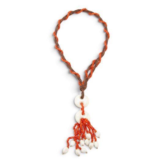 Trebor Style long cord necklace featuring Sciacca coral tassel beads and white coral accents on a brown cord band.