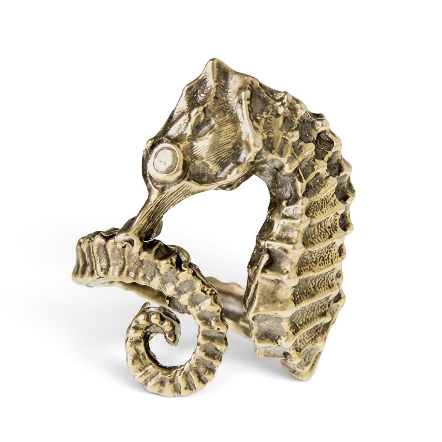 Trebor Style seahorse ring crafted from reclaimed metal with intricate textured details and a coiled tail design.