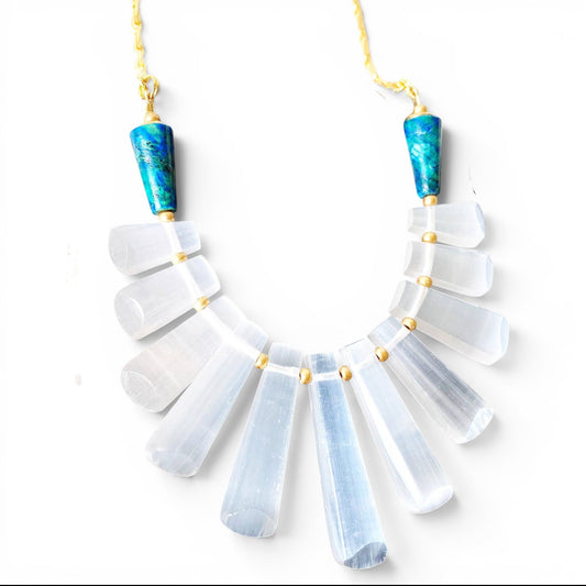 Trebor Style Selenite Goddess statement necklace with white crystal rays, turquoise accents, and brass chain.