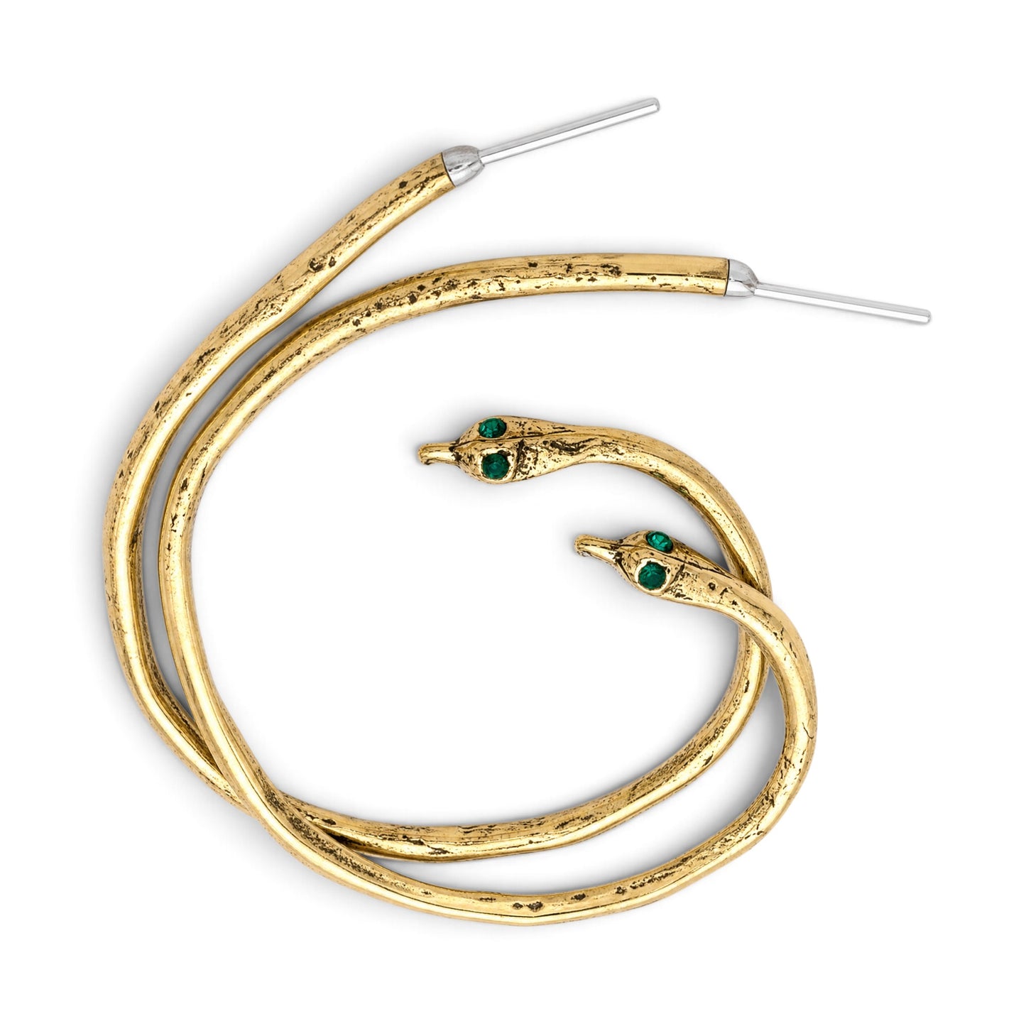 Trebor Style Serpent Hoops in textured gold-tone metal with green Austrian crystal eyes and sterling silver posts.