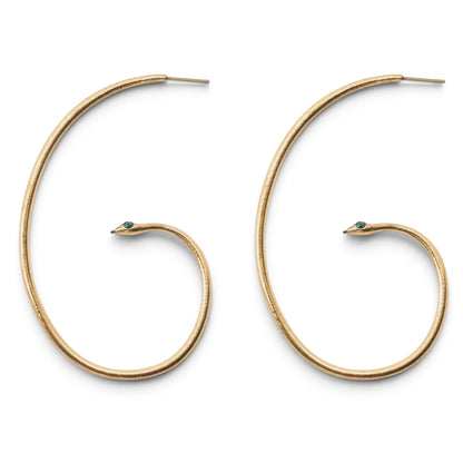 Trebor Style Serpent Hoops in gold-toned metal with green Austrian crystal eyes and sterling silver posts