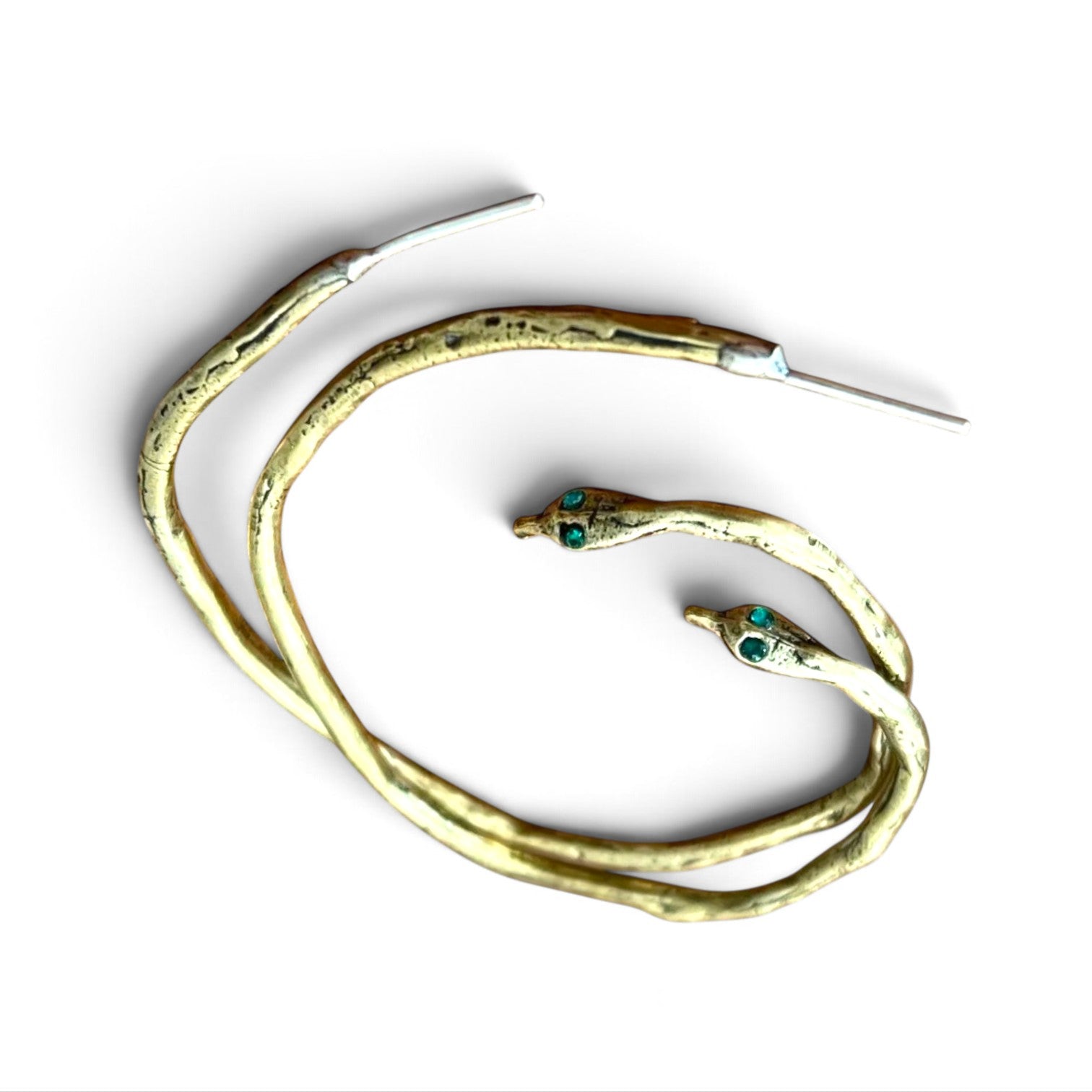 Trebor Style Serpent Hoops in reclaimed copper and zinc with green Austrian crystal eyes and sterling silver posts.