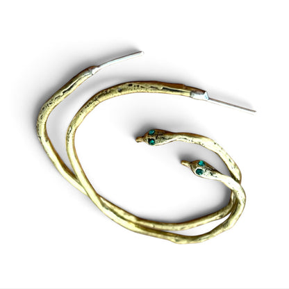 Trebor Style Serpent Hoops in reclaimed copper and zinc with green Austrian crystal eyes and sterling silver posts.