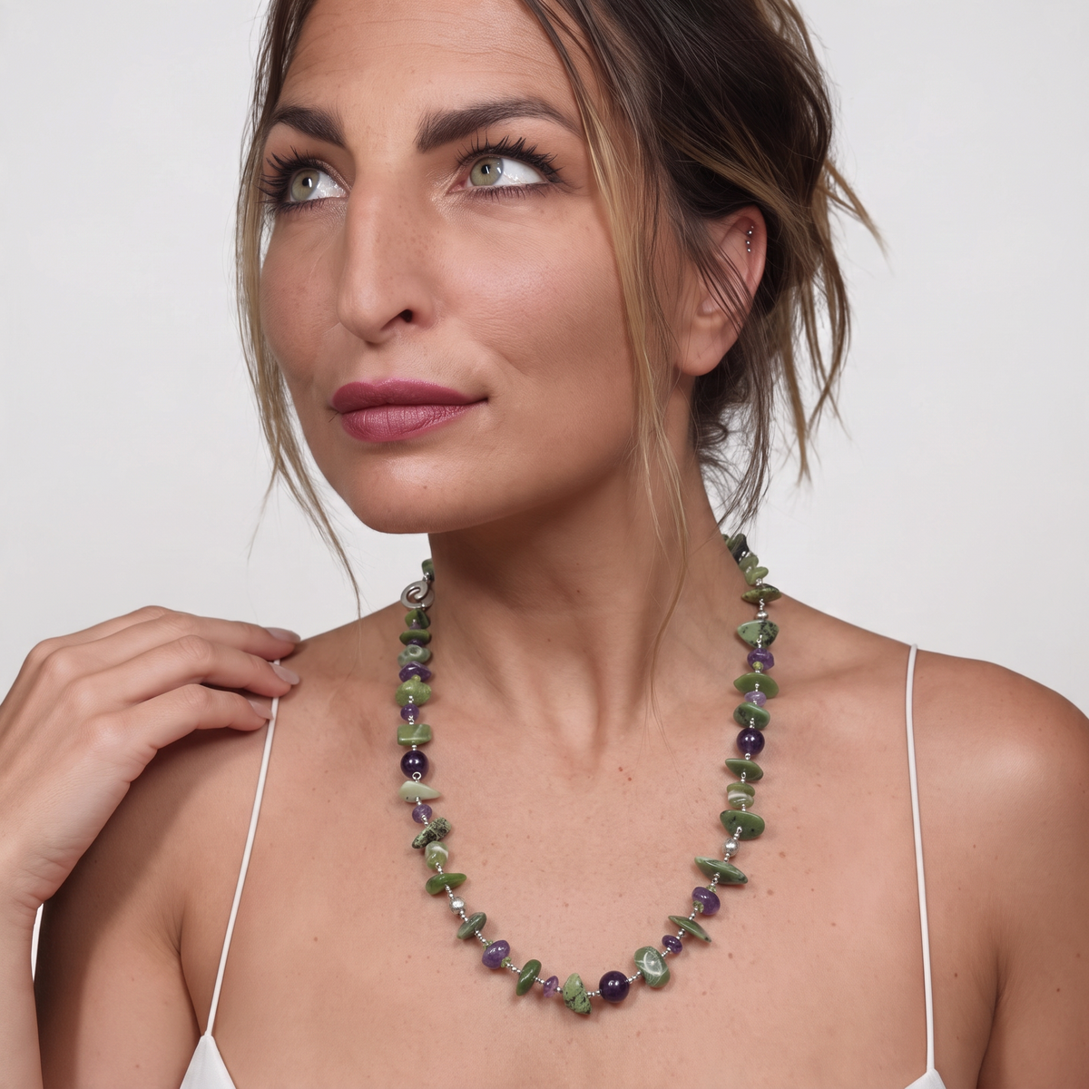 Trebor Style necklace featuring irregular green serpentine and purple amethyst beads on a sterling silver chain