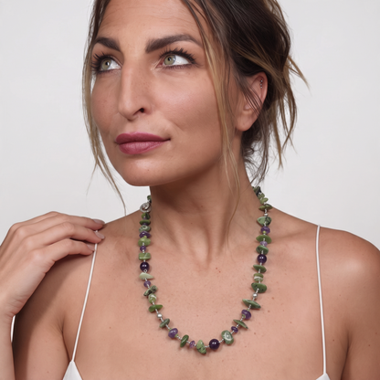 Trebor Style necklace featuring irregular green serpentine and purple amethyst beads on a sterling silver chain