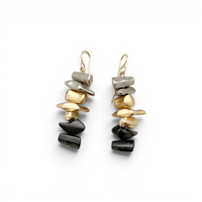 Trebor Style Siliz multi dangle earrings featuring layered 24k gold, 925 silver, and black plated beads.