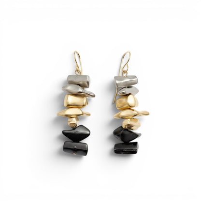 Trebor Style Siliz multi dangle earrings featuring stacked 24k gold, 925 silver, and black plated geometric beads.