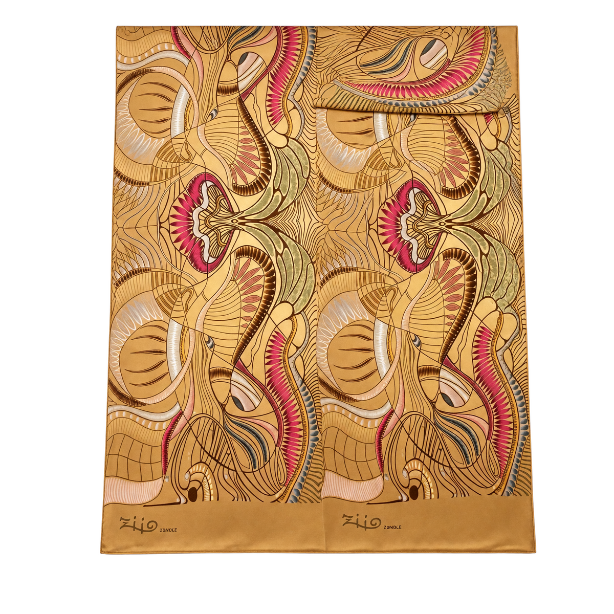 Trebor Style Ziio silk satin tube scarf featuring a gold and beige jungle print with pink and blue accents.