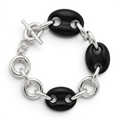 Trebor Style sterling silver and black ebony link bracelet with a toggle clasp, handcrafted in Italy.