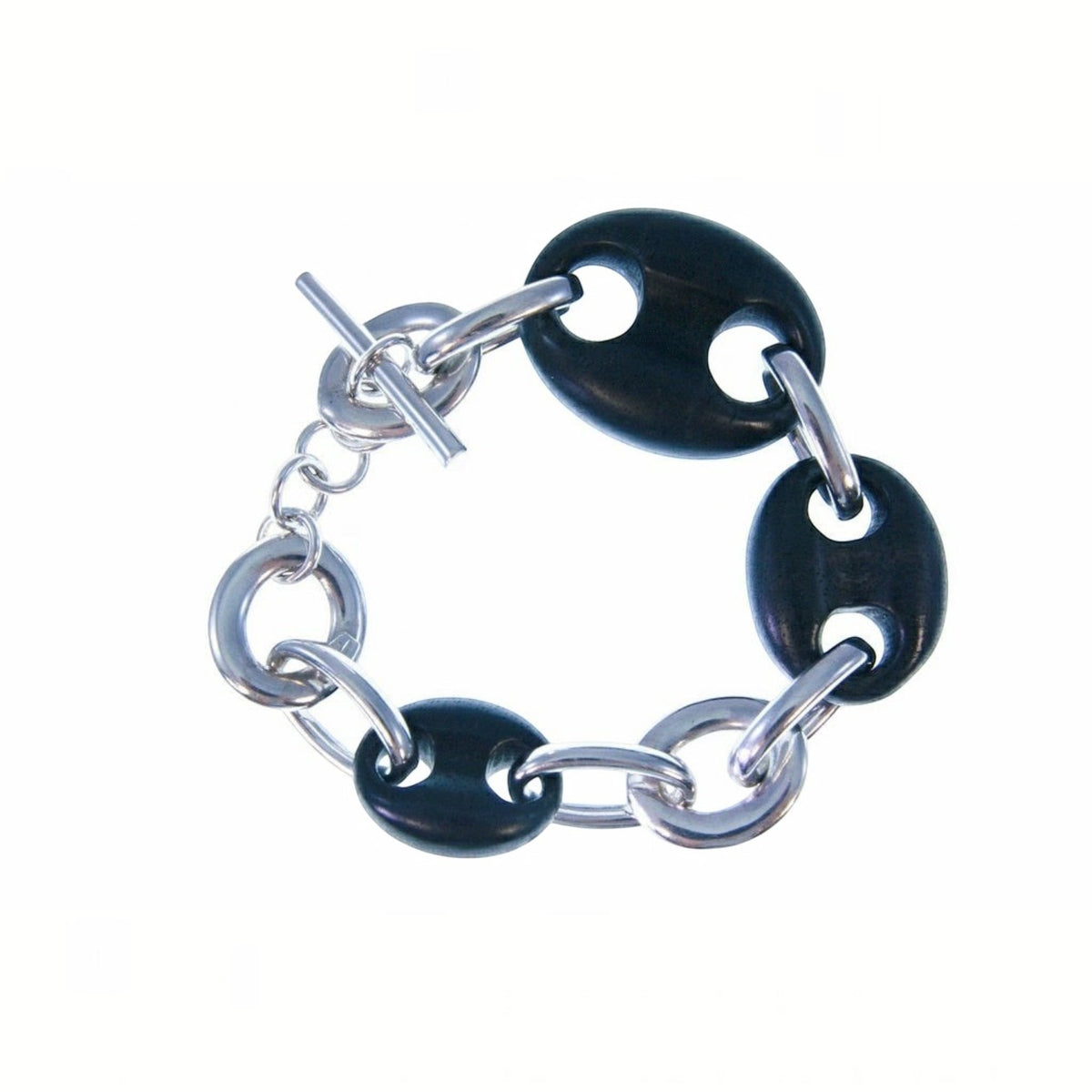 Trebor Style sterling silver and black ebony wood link bracelet with a toggle clasp