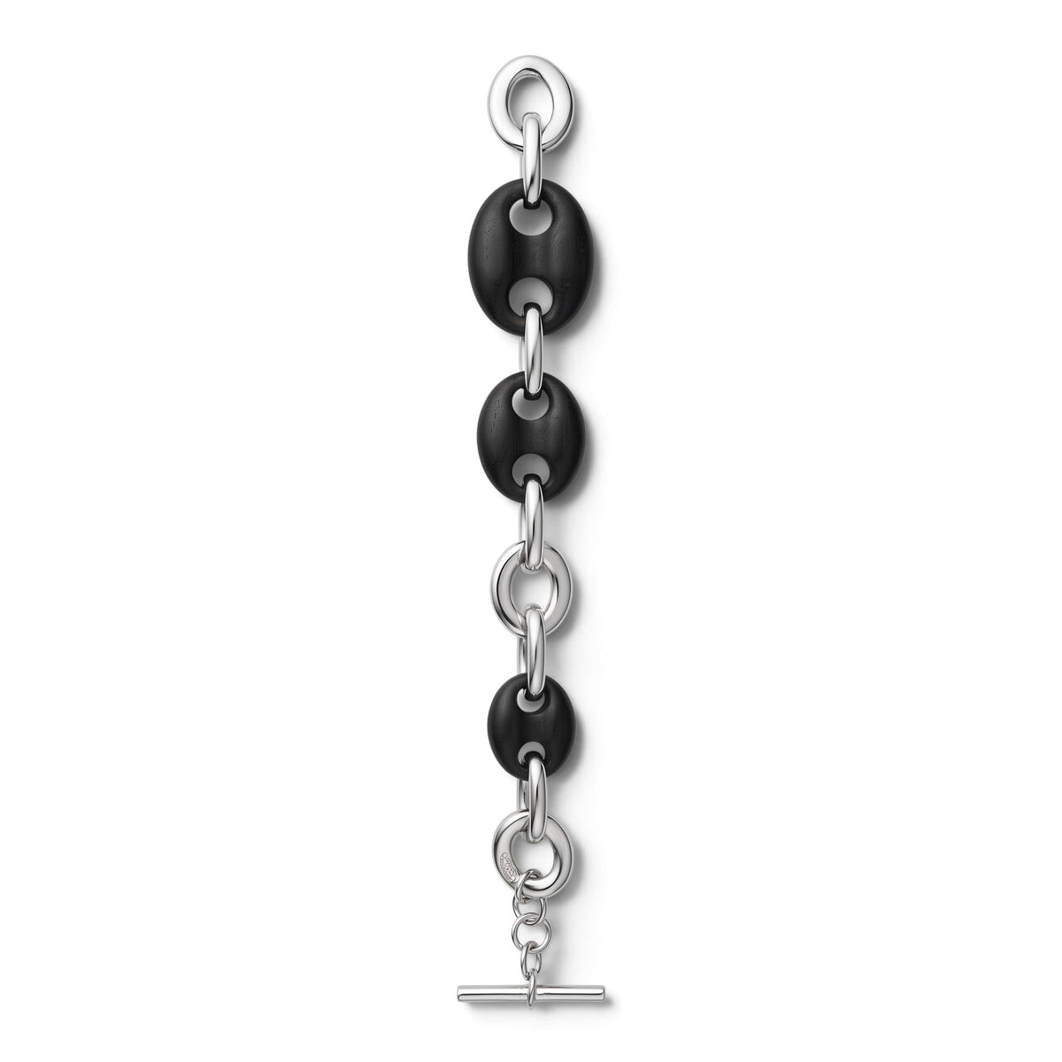 Trebor Style sterling silver and black ebony wood link bracelet with a toggle clasp, featuring a striking contrast.