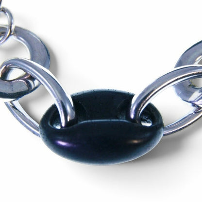 Trebor Style sterling silver and black ebony wood link bracelet featuring a polished rhodium plated chain design