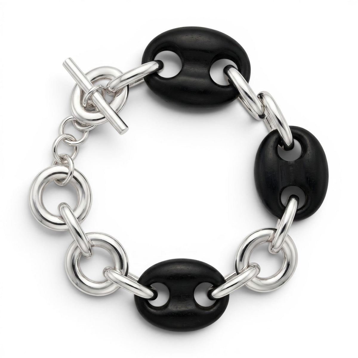 Trebor Style sterling silver and black ebony link bracelet with a toggle clasp, handcrafted in Italy.