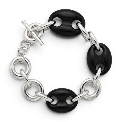 Trebor Style sterling silver and black ebony link bracelet with a toggle clasp, handcrafted in Italy.