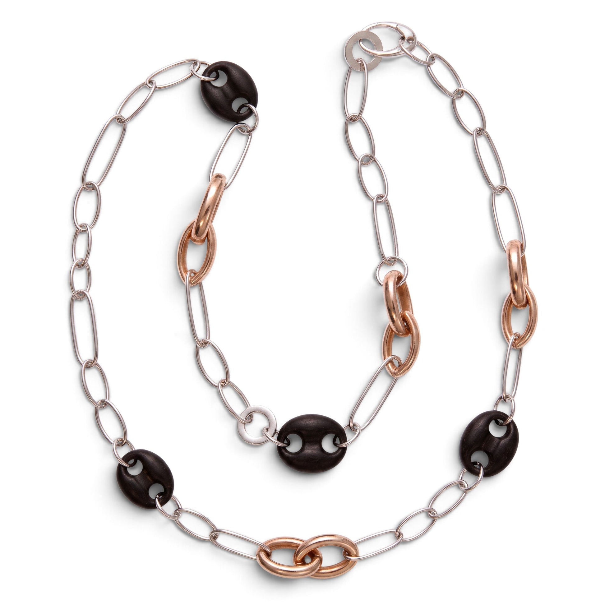 Trebor Style long necklace featuring sterling silver, rose gold plated silver, and black ebony wood link chain.