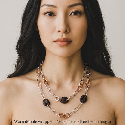 Trebor Style long necklace featuring white sterling silver, rose gold plated silver, and black ebony wood links.