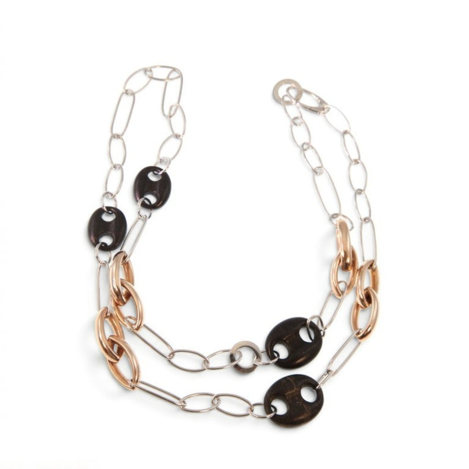 Trebor Style long necklace featuring sterling silver, rose gold plated silver, and black ebony wood links.